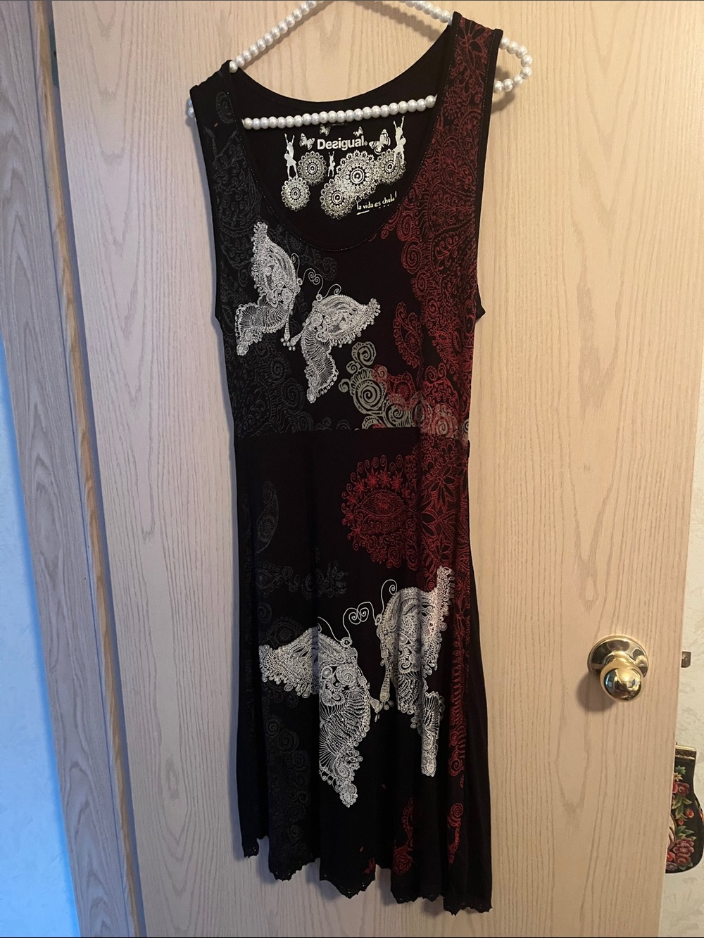 Desigual Black, Red & White Sleeveless Butterfly Midi Dress